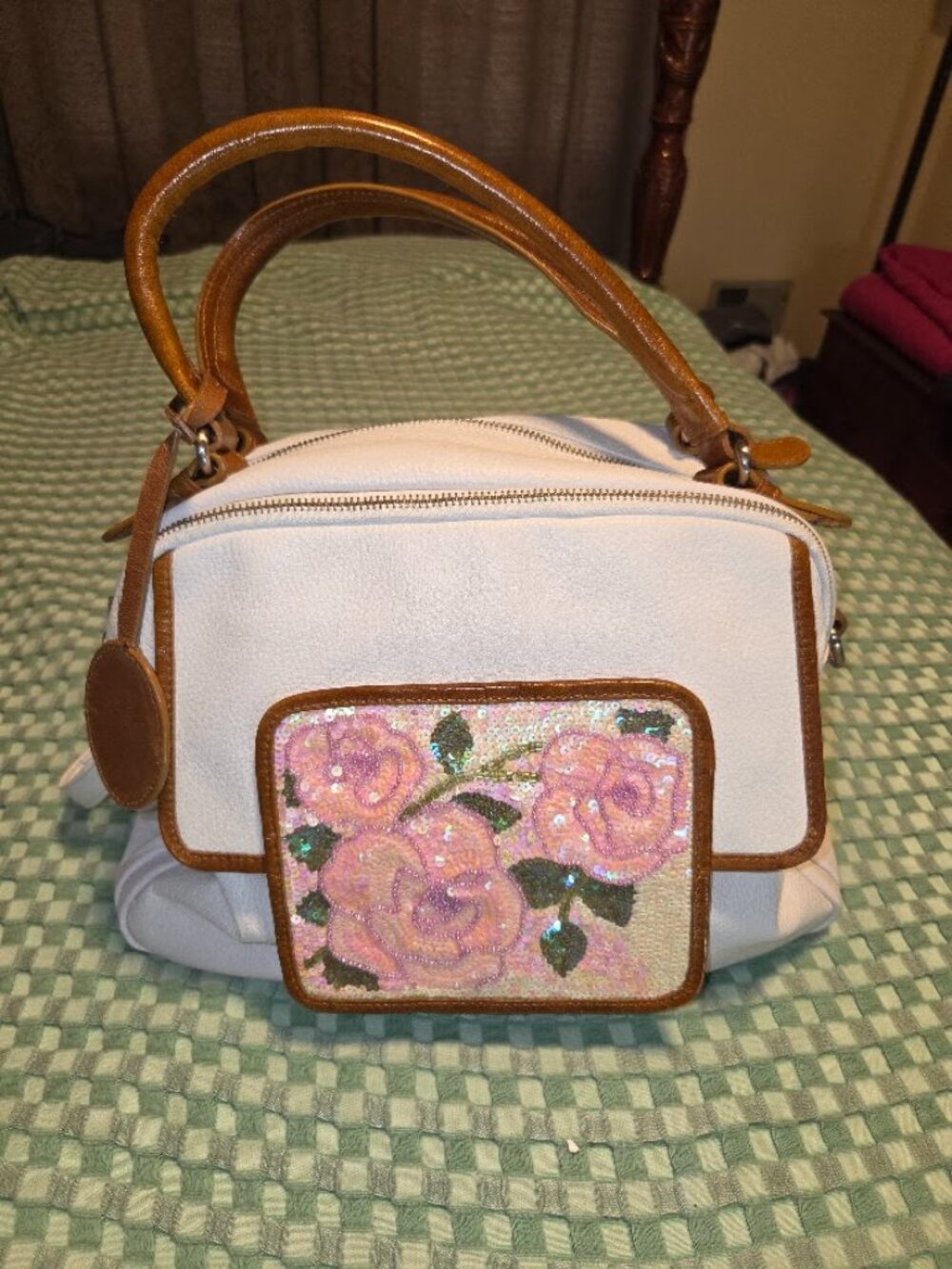 NWOT Original by Sharif White Leather Sequin Rose Satchel Shoulder Bag